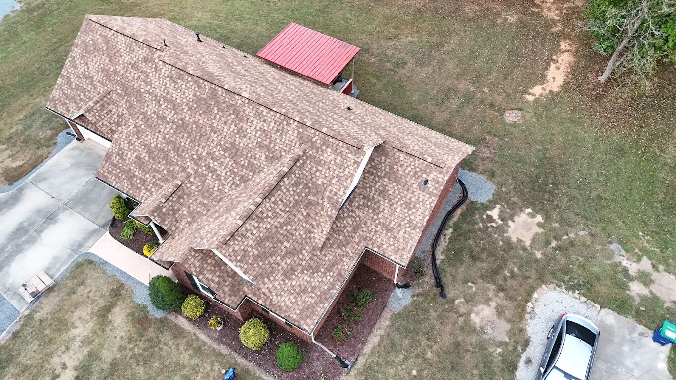 Finished shingle roof, aerial view